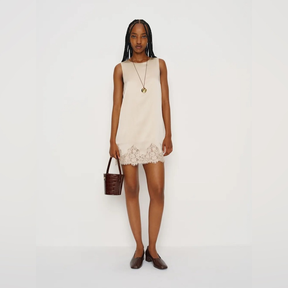 NEW Reformation Jessalyn Lace Silk Crew Neck Mini Dress Almond Ivory | size S - Picture 2 of 12